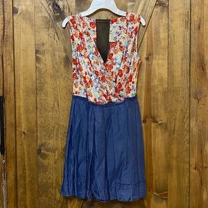 Floral and denim pleated wrap Mini dress